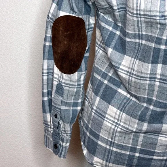 J. CREW Button Up Twill Shirt Suede Elbow Patches SM Plaid Blue Gray Equestrian - Picture 7 of 10